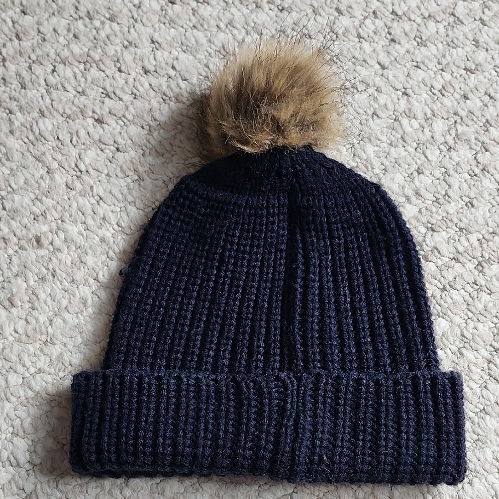Tommy Hilfiger Navy Knit Beanie with Faux Fur Pom-Pom